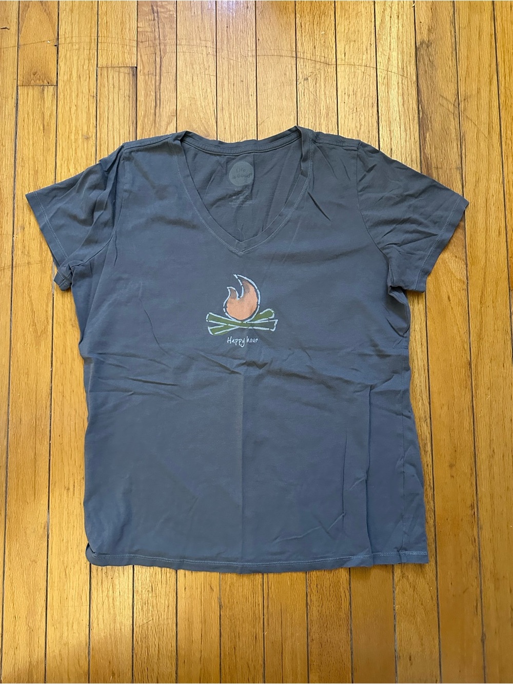 Life Is Good Women's Slate Gray V-Neck Tee with Campfire Graphic